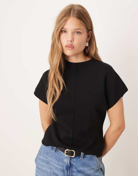 Mango – Svart, stickad topp med korta ärmar och hög ringning - view 1