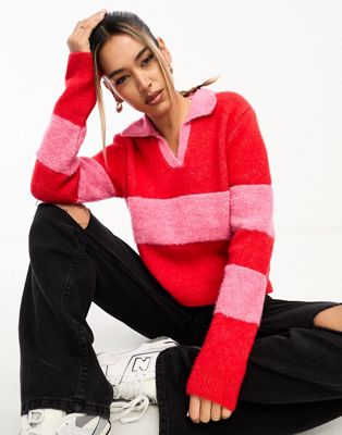 Mango open neck polo sweatshirt in red and pink - ASOS Price Checker