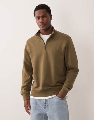 Sweatshirt aus 100% Baumwolle in Khaki mit kurzem Reißverschluss-Grün Grün 2XL