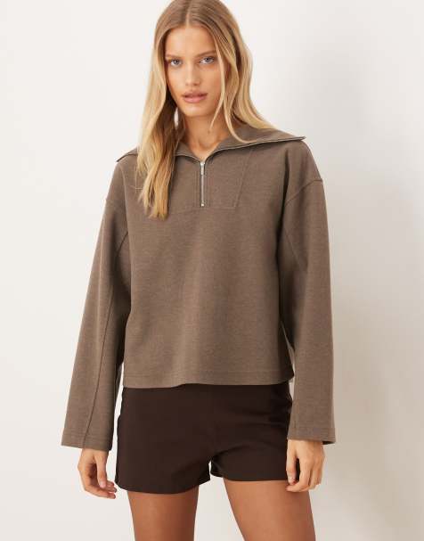 Mango - Sweatshirt met opstaande boord en korte rits in champignon - view 1