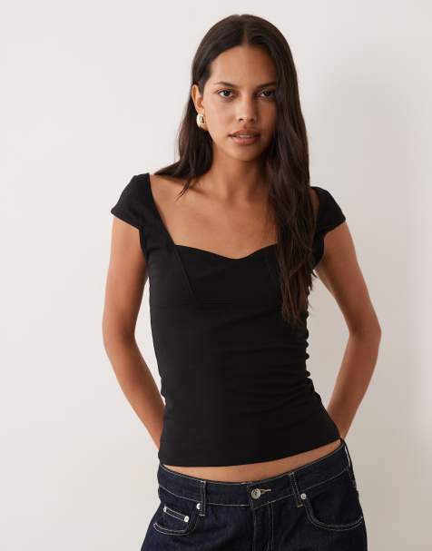 Mango sweetheart neck cap sleeve top in black - view 1