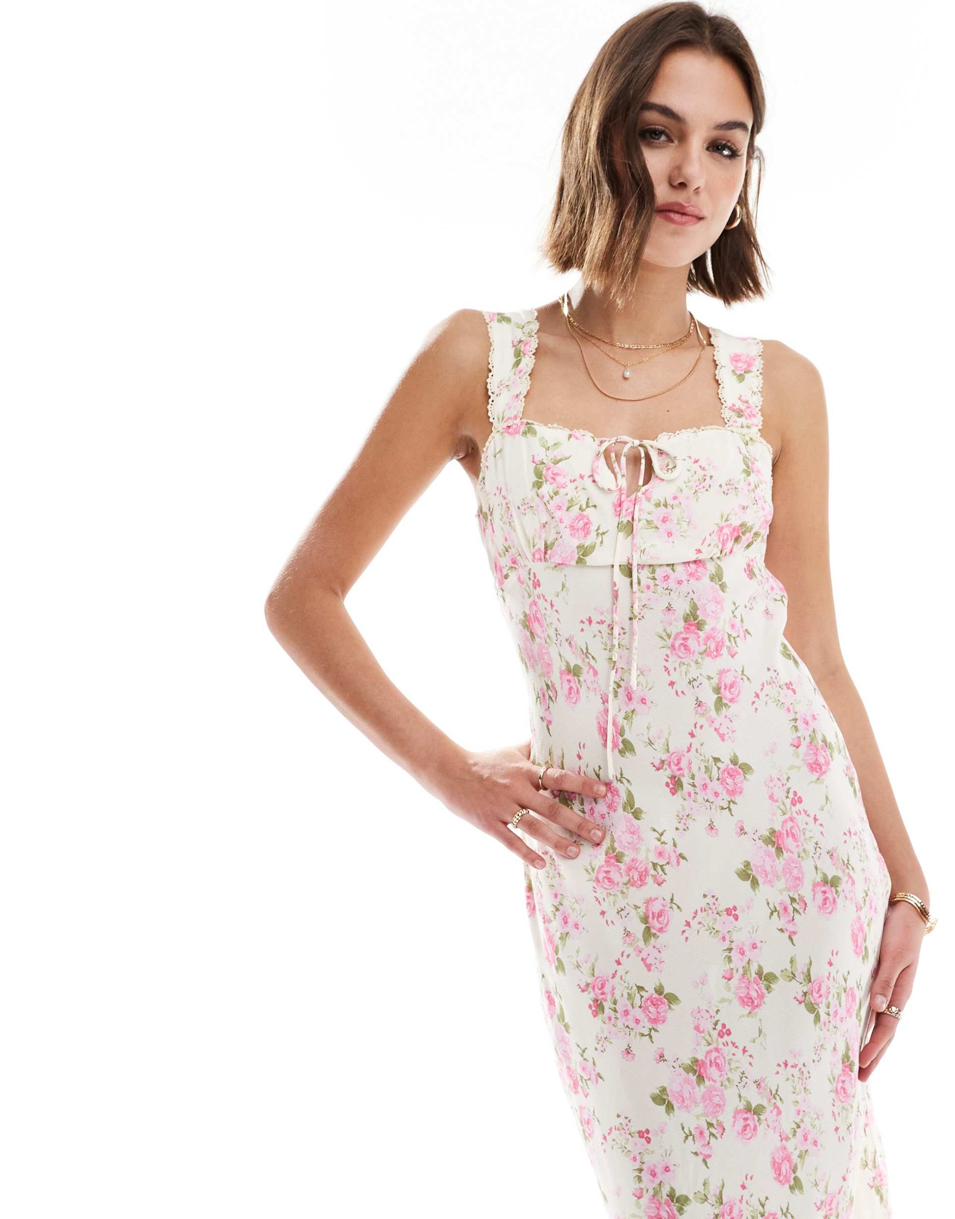 mango sweetheart neck floral midi dress in white