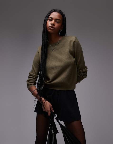 Mango – Sweter w kolorze khaki z poduszkami na ramionach i okrągłym dekoltem - view 1
