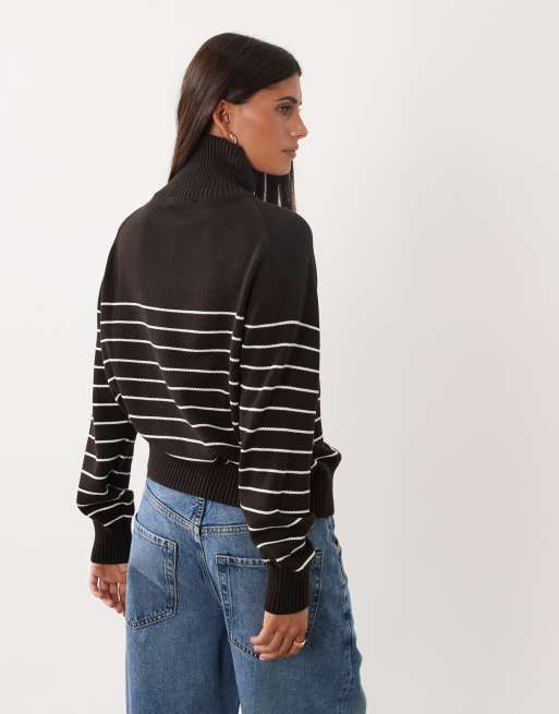 Mango sweter z zamkiem do połowy w brązowe paski, 4 z 4