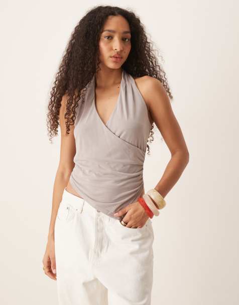 Mango asymmetric halter neck top with ruched cinch waist detail in mushroom