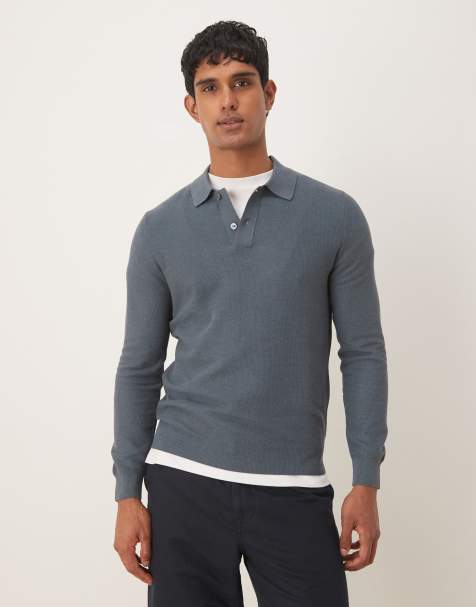 Mango cotton mix long sleeve knitted polo top in grey