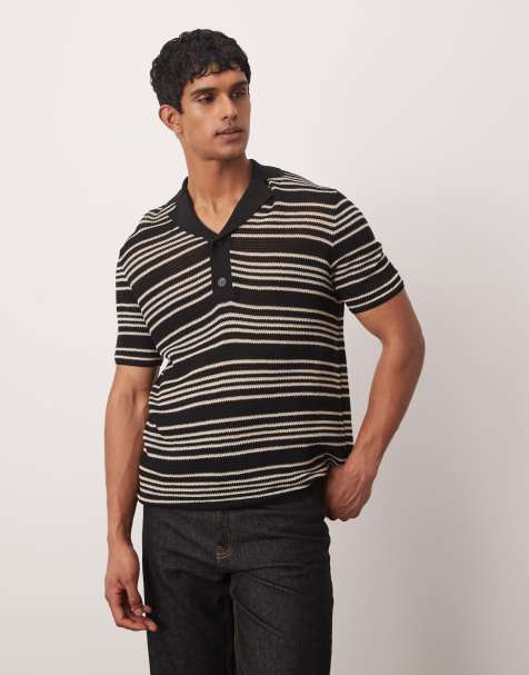 Mango stripe crochet poloshirt in black & white