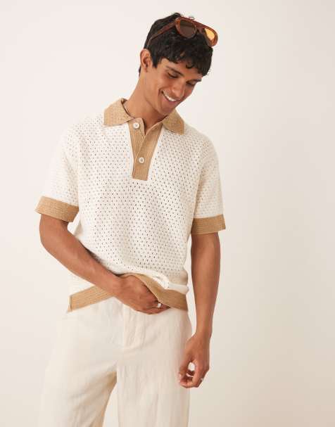 Mango crochet polo top with contrast collar in ecru