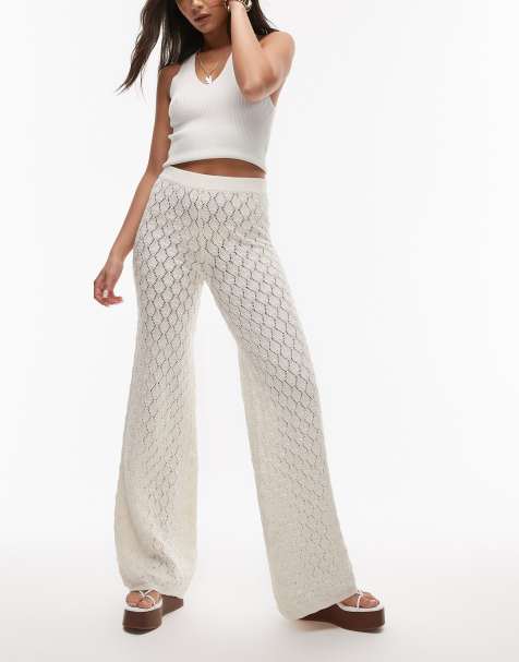 Mango wide leg crochet trousers in off white