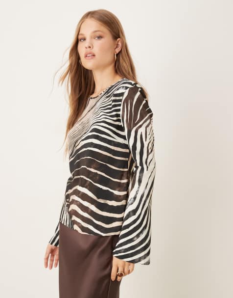 Mango – Szyfonowy top z długimi rękawami w zebrę - view 1