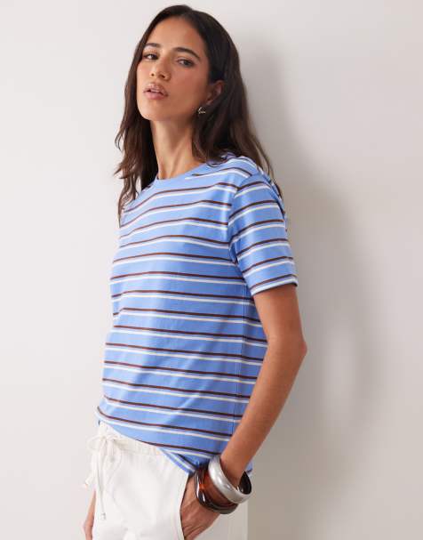 Mango t-shirt 100 % coton à rayures bleues et marron - view 1