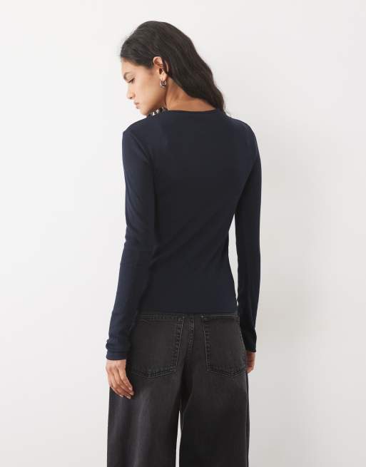 Mango t-shirt à manches longues à col rond bleu marine, 4 de 4