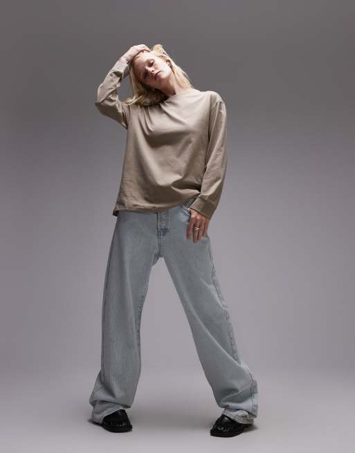 Mango - T-shirt a maniche lunghe beige con scollo rotondo