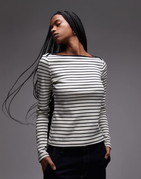 Mango - T-shirt a maniche lunghe bianca a righe con scollo a barchetta - view 1