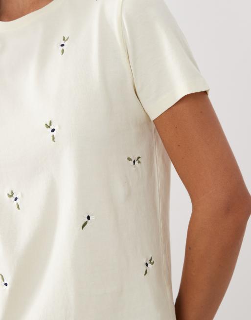 Mango – T-Shirt aus 100% Baumwolle in Pastellgelb mit Rundhalsausschnitt und Blumendetail, 3 von 4