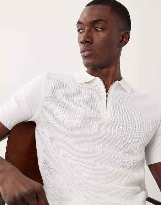 Mango – T-Shirt aus 100% Baumwollstrick in Ecru mit Waffelstruktur und kurzem Reißverschluss, 5 von 5