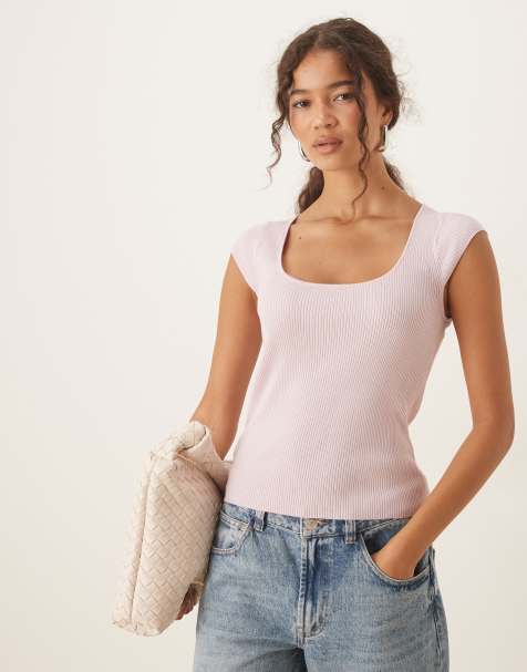Mango – T-Shirt aus geripptem Feinstrick in Pastellrosa mit Kappärmeln - view 1