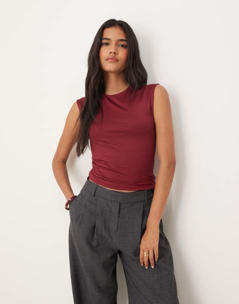 Mango – T-Shirt aus Polyamid in Burgunderrot mit Kappärmeln - view 1