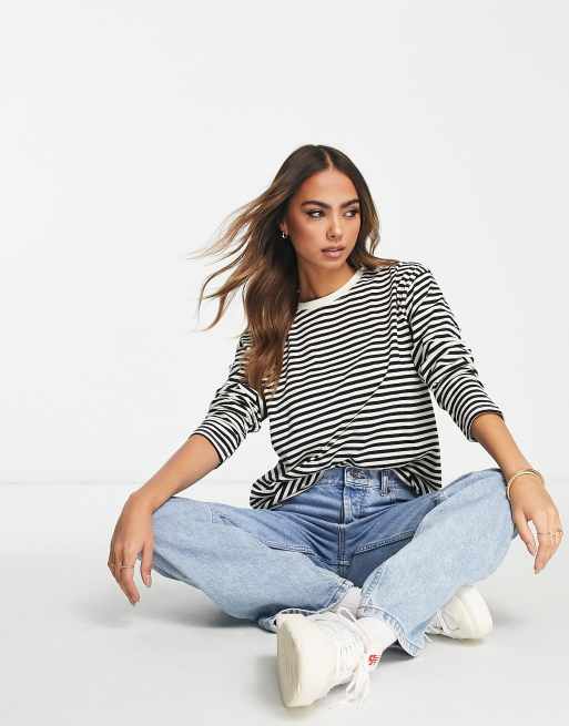 Mango - T-shirt basique à manches 3/4 et rayures - Noir et blanc