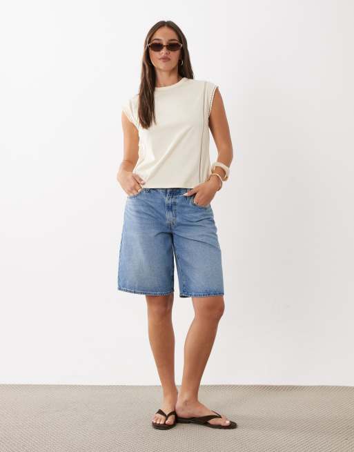 Mango - T-shirt beige chiaro con scollo rotondo e maniche ad aletta ricamata, 3 di 4