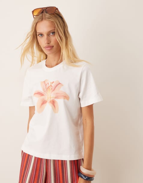 Mango - T-shirt bianca con grafica di giglio - view 1