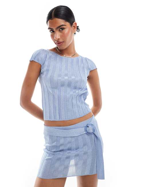 Mango - T-shirt blu a righe con schiena scoperta in coordinato