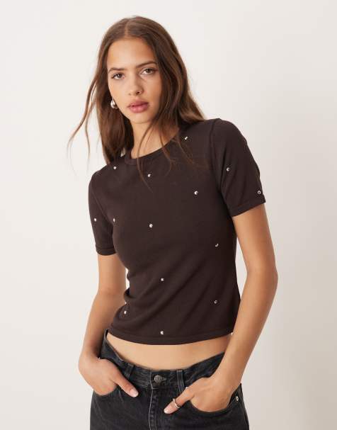 Mango - T-shirt clouté en maille fine - Marron - view 1