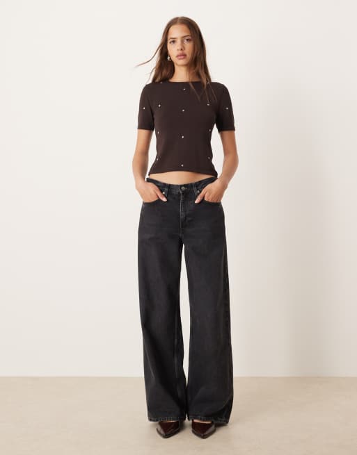 Mango - T-shirt clouté en maille fine - Marron, 4 de 4