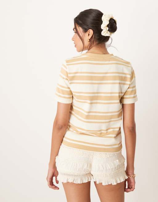 Mango - T-shirt color crema e bianca a righe a coste, 2 di 4