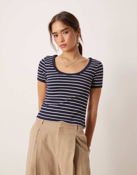 Mango - T-shirt corta con scollo rotondo in cotone blu navy a righe - view 1
