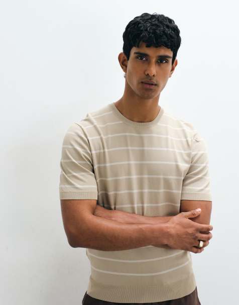 Mango - T-shirt coupe slim en maille à rayures - Beige - view 1