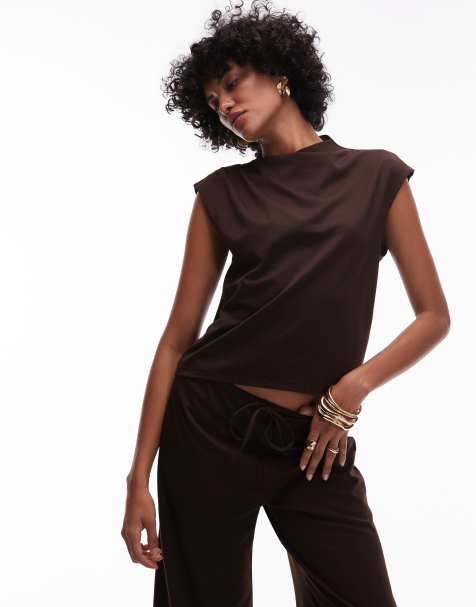 Mango - T-shirt d'ensemble en polyamide à encolure bateau et mancherons - Chocolat - view 1