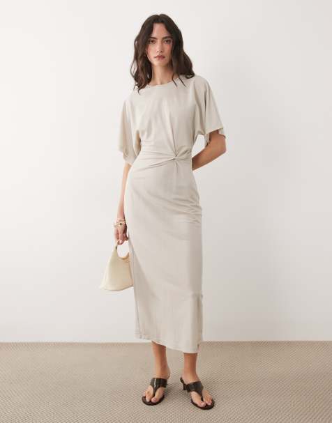Mango t-shirt dress with twist detail in beige