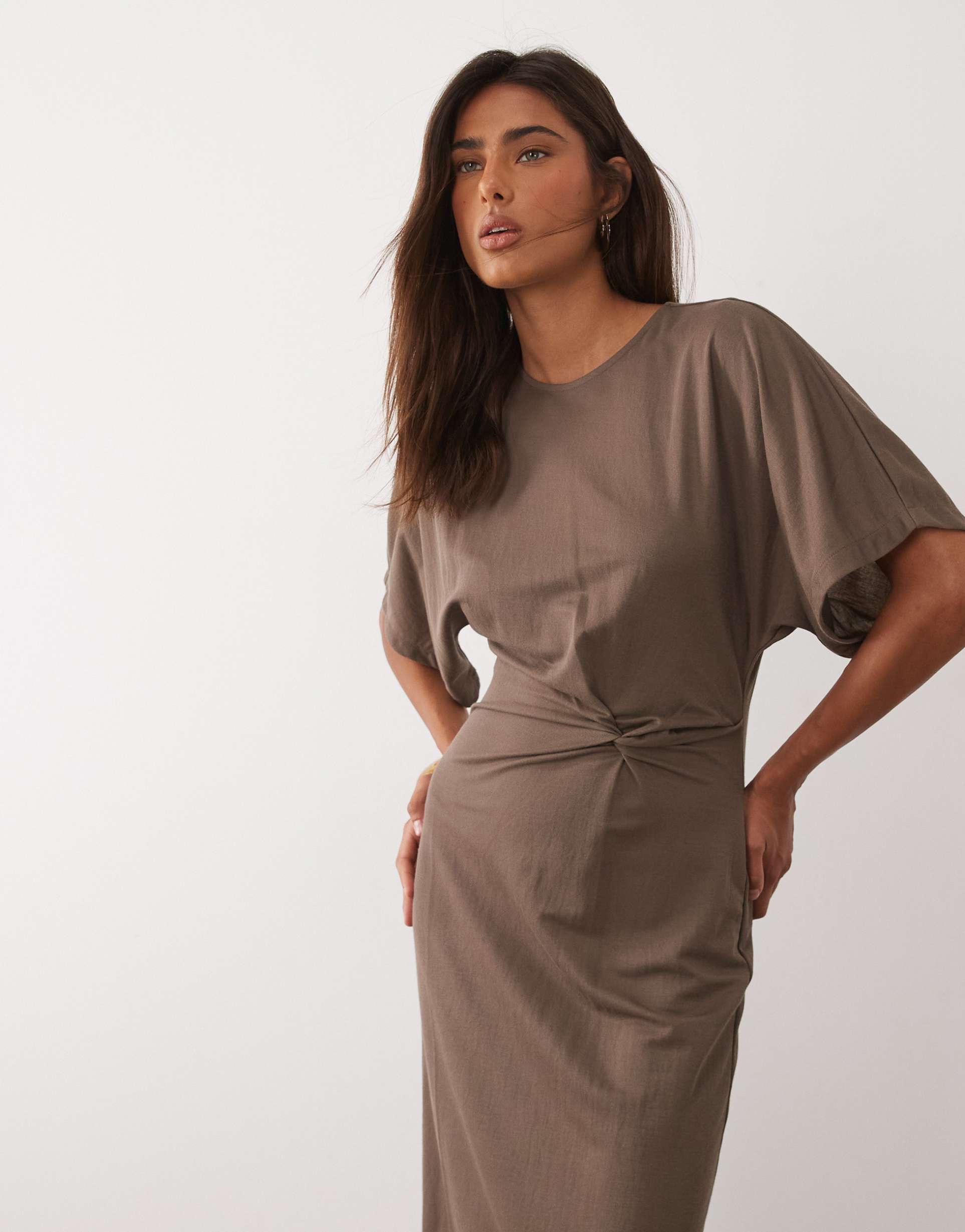mango t-shirt dress with twist detail in khaki