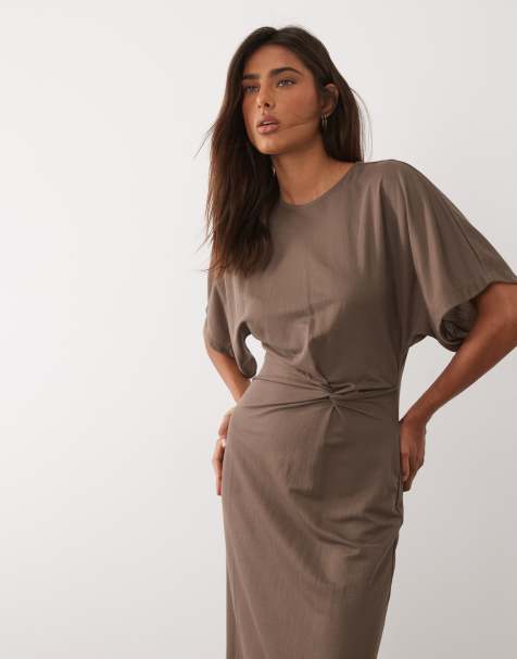 Mango t-shirt dress with twist detail in khaki