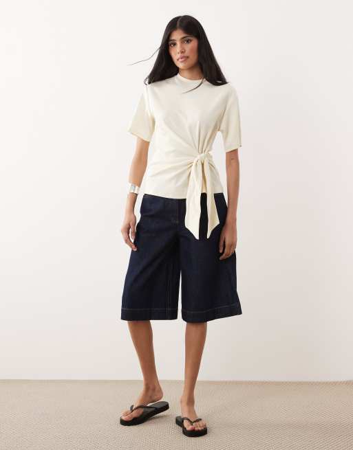 Mango – T-Shirt in Buttergelb mit hohem Baumwollanteil und gebundener Vorderseite, 2 von 4