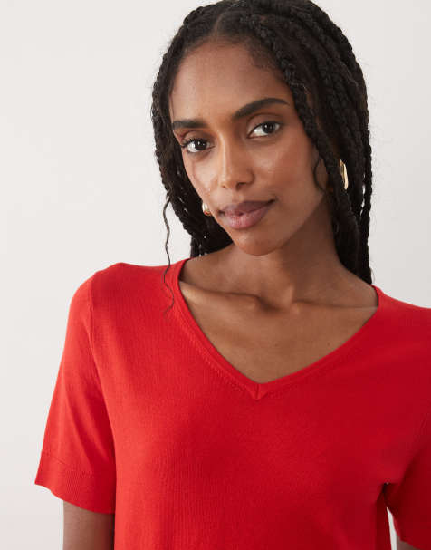 Mango – T-Shirt in leuchtendem Rot mit V-Ausschnitt - view 1