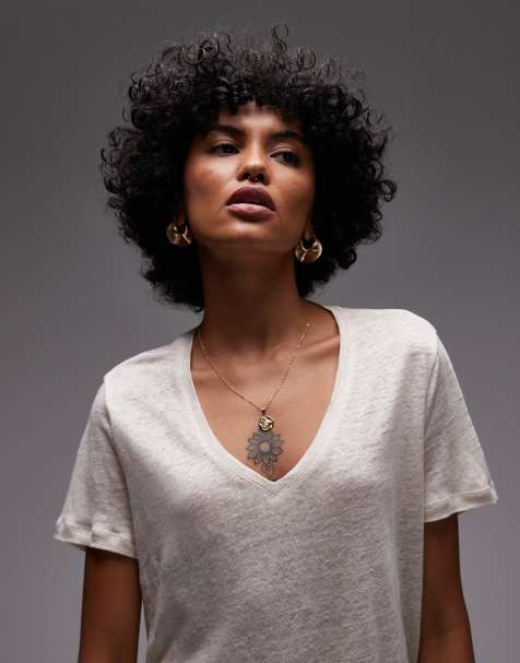 Mango - T-shirt in lino beige con scollo a V - view 1