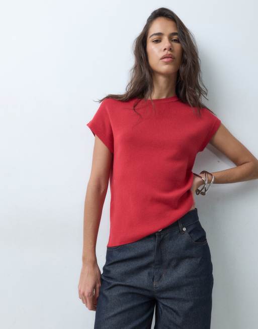 Mango T-shirt in maglia con maniche ad aletta rossa, 2 di 5