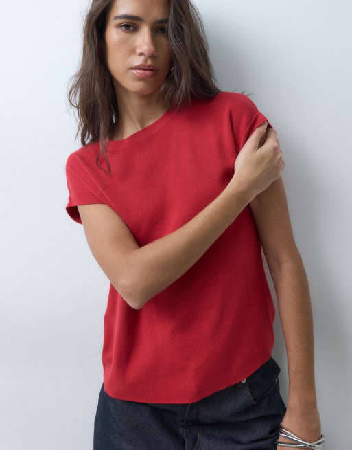 Mango T-shirt in maglia con maniche ad aletta rossa, 5 di 5