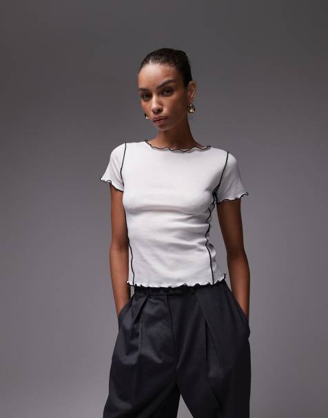 Mango – T-Shirt in Weiß mit Kräuselsaum und Ziernaht - view 1