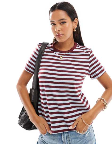 Mango - T-shirt med bordeaux/lyseblå striber - view 1
