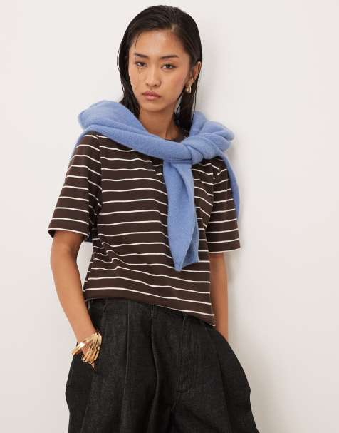 Mango - T-shirt med brune striber i 100% bomuld - view 1