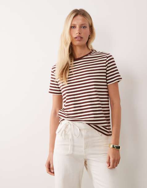 Mango T-shirt med kontrastkant i brun stribe - view 1
