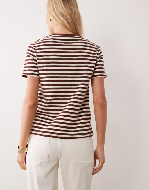 Mango T-shirt met contrasterende bies in bruine streep, 4 van 4