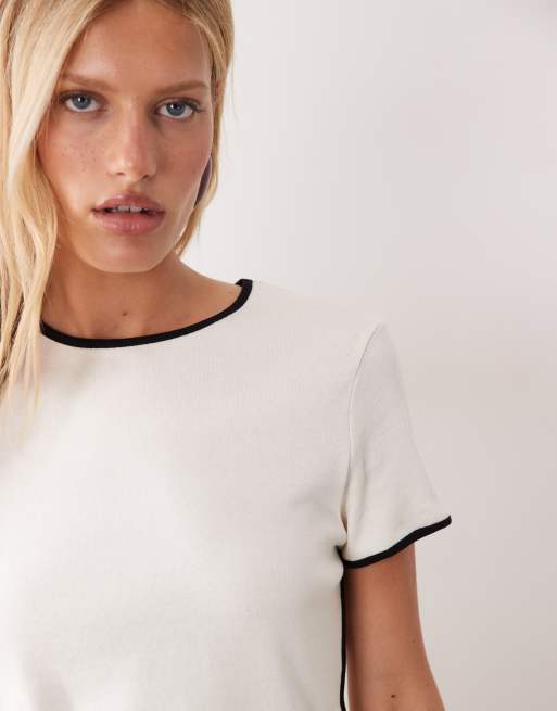 Mango T-shirt met contrasterende bies in ecru, 3 van 4