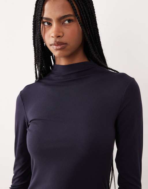 Mango - T-shirt met hoge hals en lange mouwen in marineblauw, 3 van 4