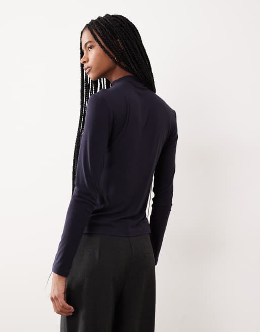Mango - T-shirt met hoge hals en lange mouwen in marineblauw, 4 van 4