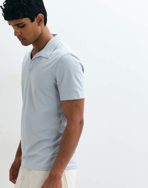 Mango - T-shirt met kraag met split in hemelsblauw - view 1