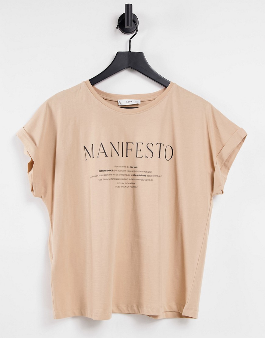 Mango - T-shirt met slogan in camel-Neutraal
